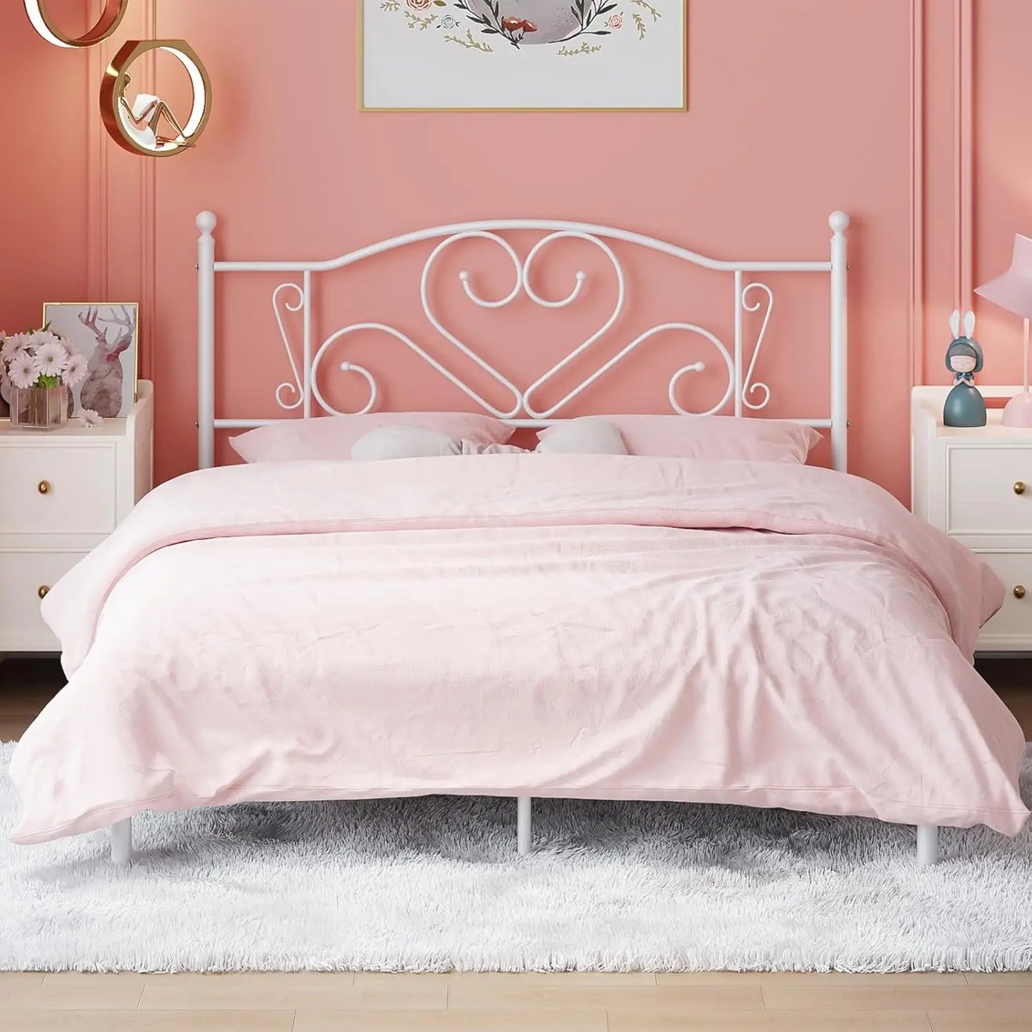 Full Size Bed Frame with Headboard, Heavy Duty Steel Slat Support Platform Under Bed Storage Space No Box Spring Needed, White