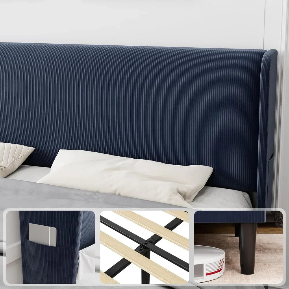 Bed Frame with Wingback & 2 Storage Pockets,  Upholstered Headboard, Solid Wood Slats Support, Velvet Platform Beds Bedroom
