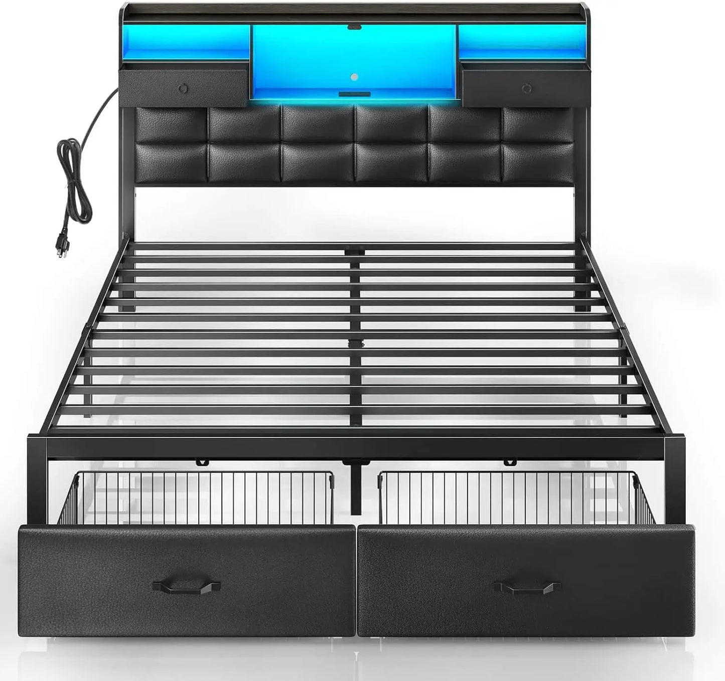 Bed Frame Full Size with Drawers and Charging Station, Upholstered Platform Bed with Storage Headboard and LED Light, Heavy Duty