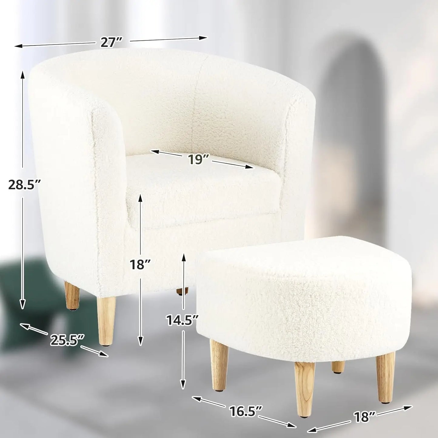 Accent Chair, Sherpa Chair White Fluffy Chair Teddy Barrel Chair with Ottoman Comfy ArmChair Footrest Set