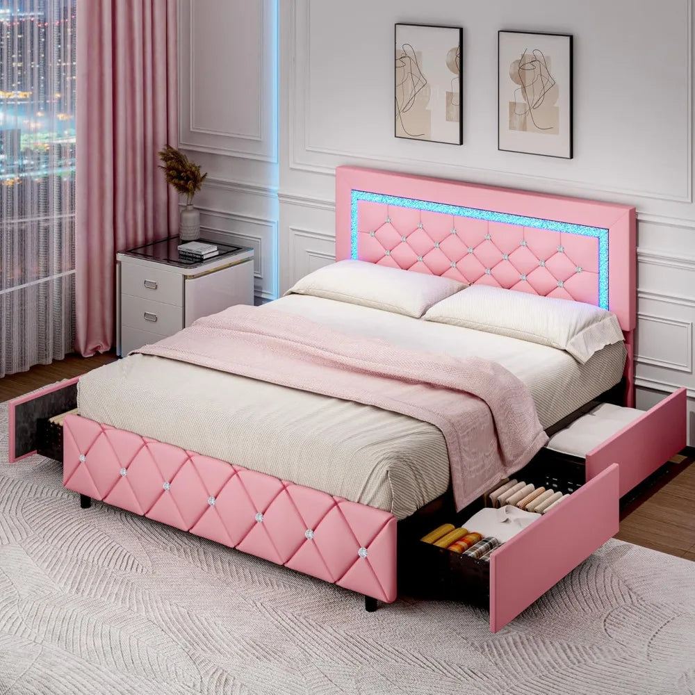 Queen Size Bed Frame with LED Lights, Upholstered Bed Frame with 4 Storage Drawers, with Diamond Headboard and Footboard