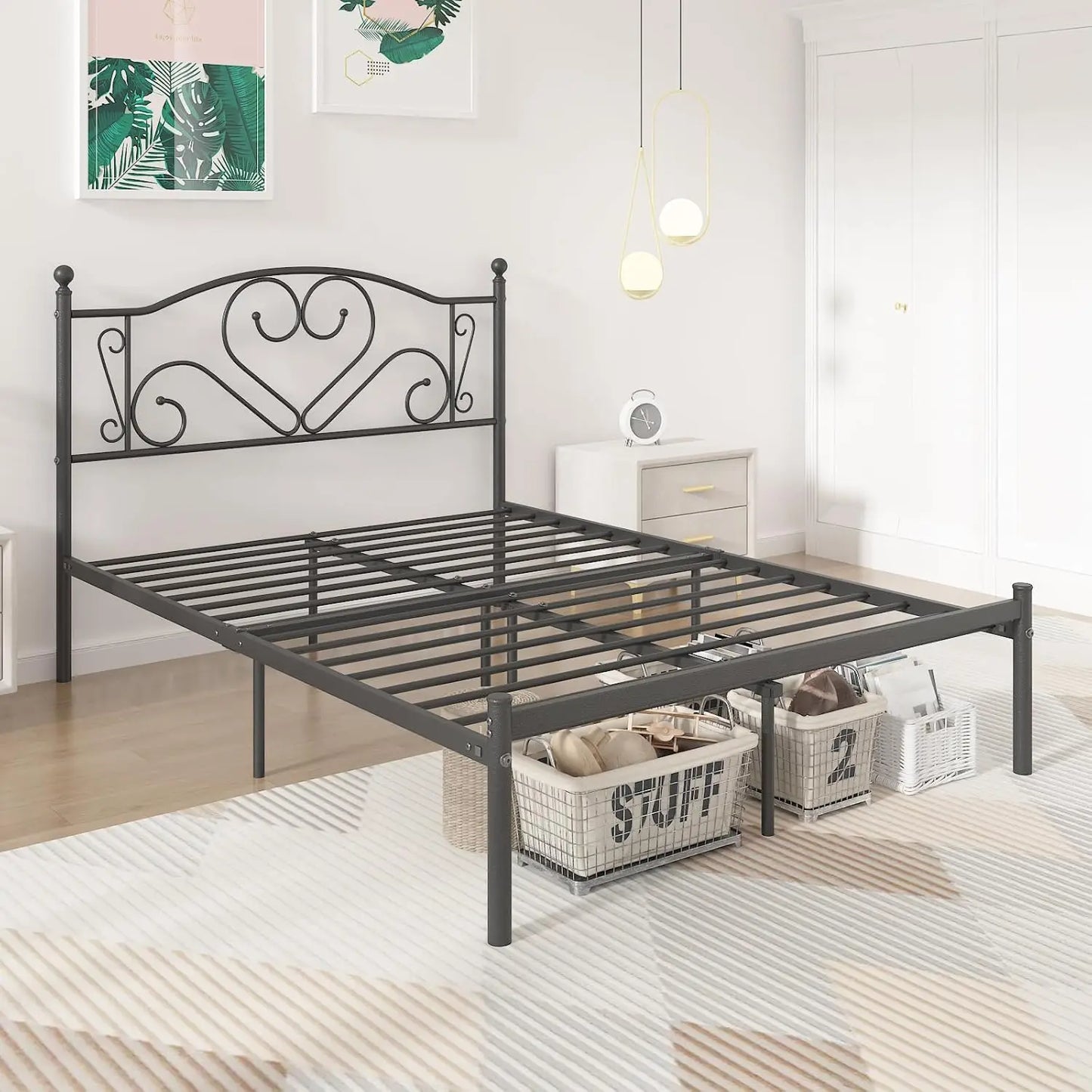 Full Size Bed Frame with Headboard, Heavy Duty Steel Slat Support Platform Under Bed Storage Space No Box Spring Needed, White