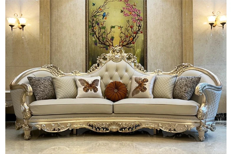 Leather Living Room Sofas Luxury European Beige Wooden Curved Modern Couch Double Lounge Designer Canape Salon Furniture