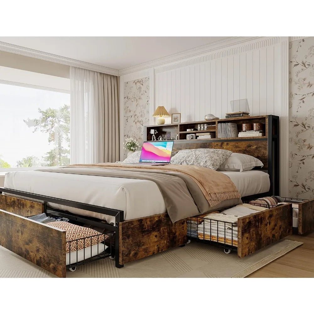 Queen Bed Frame with 6 Storage Drawers,Headboard,Charging Station & Storage No Noise,No Box Springs Needed,Vintage Brown.