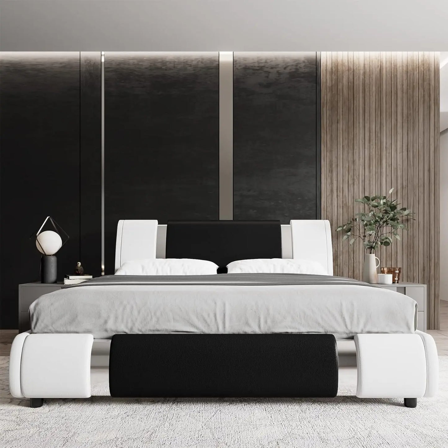 Modern Faux Leather Upholstered Platform Bed Frame with Golden Iron Metal Decor, Adjustable Curved Headboard, Queen Size, White