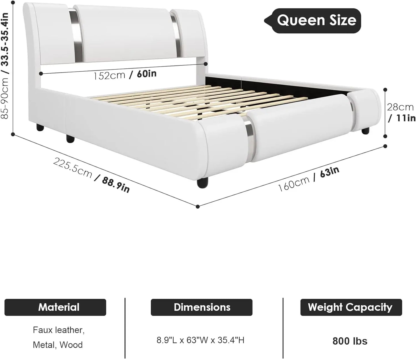 Modern Faux Leather Upholstered Platform Bed Frame with Golden Iron Metal Decor, Adjustable Curved Headboard, Queen Size, White