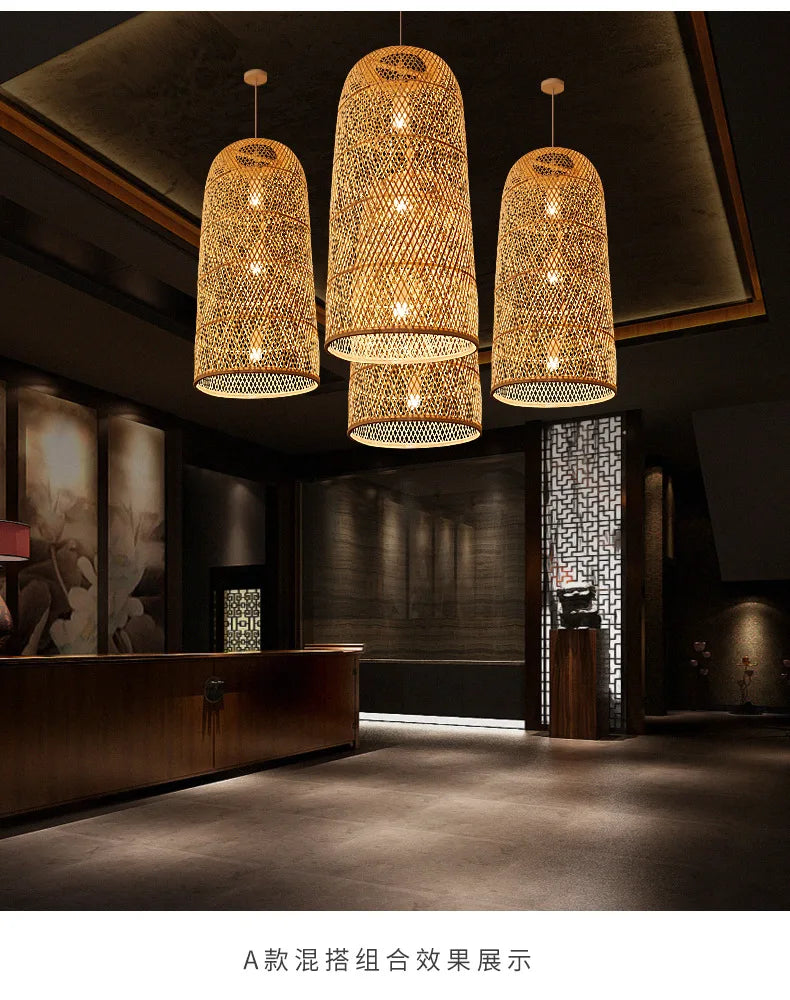 Zen Bamboo Chandelier New Chinese Lantern Hotel Chinese Style Restaurant Restaurant Bamboo Artwork Duplex Staircase Long Chandel