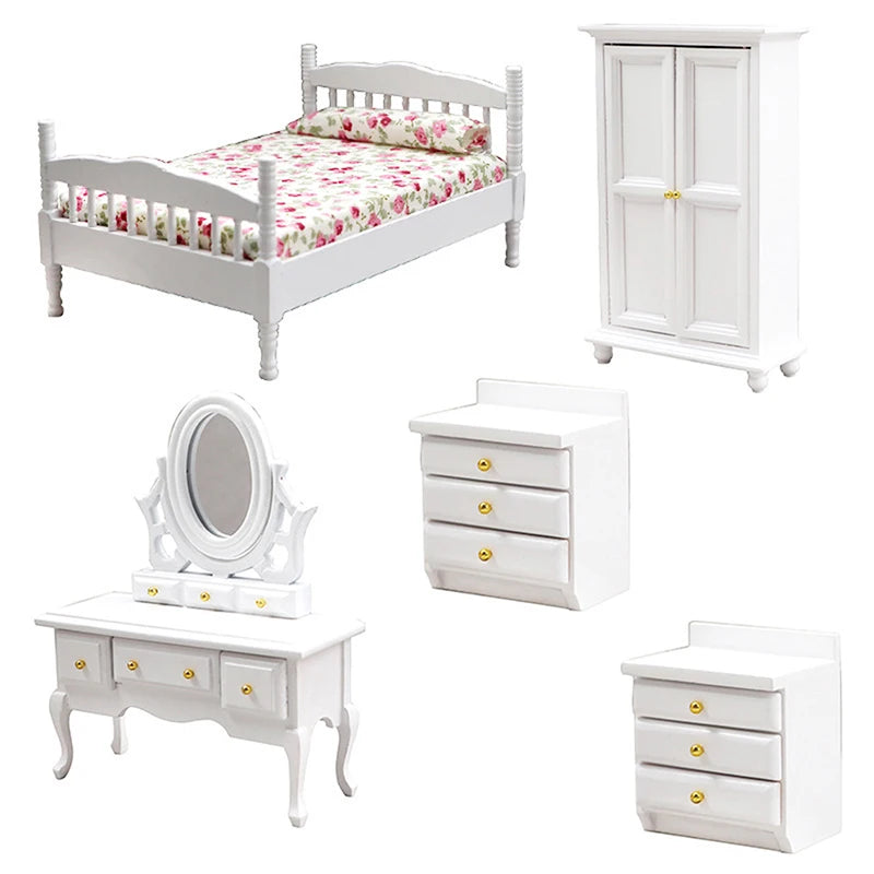 Beds & Furniture Bedroom Set Furniture Wooden Wardrobe for Bedroom Miniature Wardrobe Dolls Dollhouse Bedroom Bed Dresser