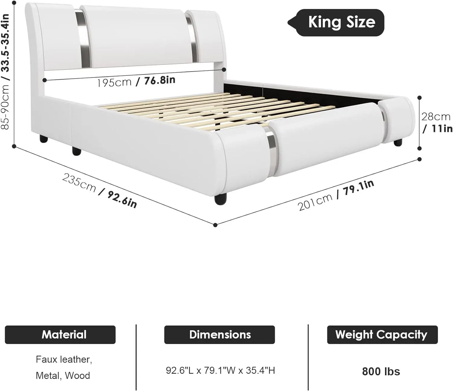 Modern Faux Leather Upholstered Platform Bed Frame with Golden Iron Metal Decor, Adjustable Curved Headboard, Queen Size, White