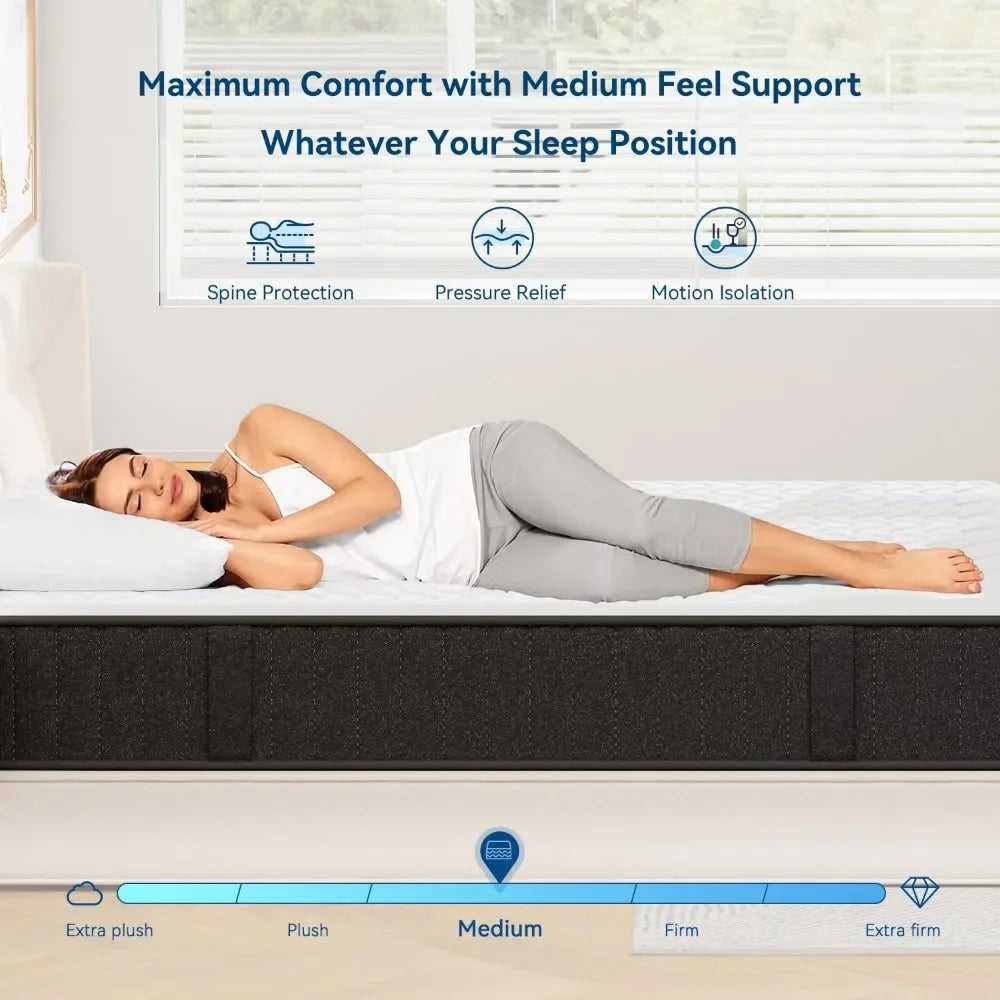 Queen Mattress, Fiberglass Free & Support Comfort, Cooling Charcoal Medium Firm Mattresses, 10 Inch Memory Foam Mattress