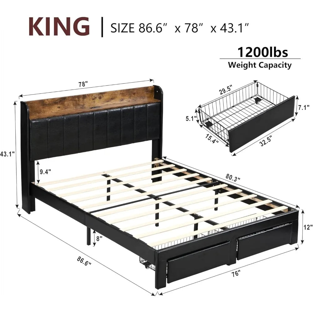 Upholstered Bed Frame Queen Size with Headboard with Storage Drawers & Charging Station,No Box Spring Needed/Heavy Duty