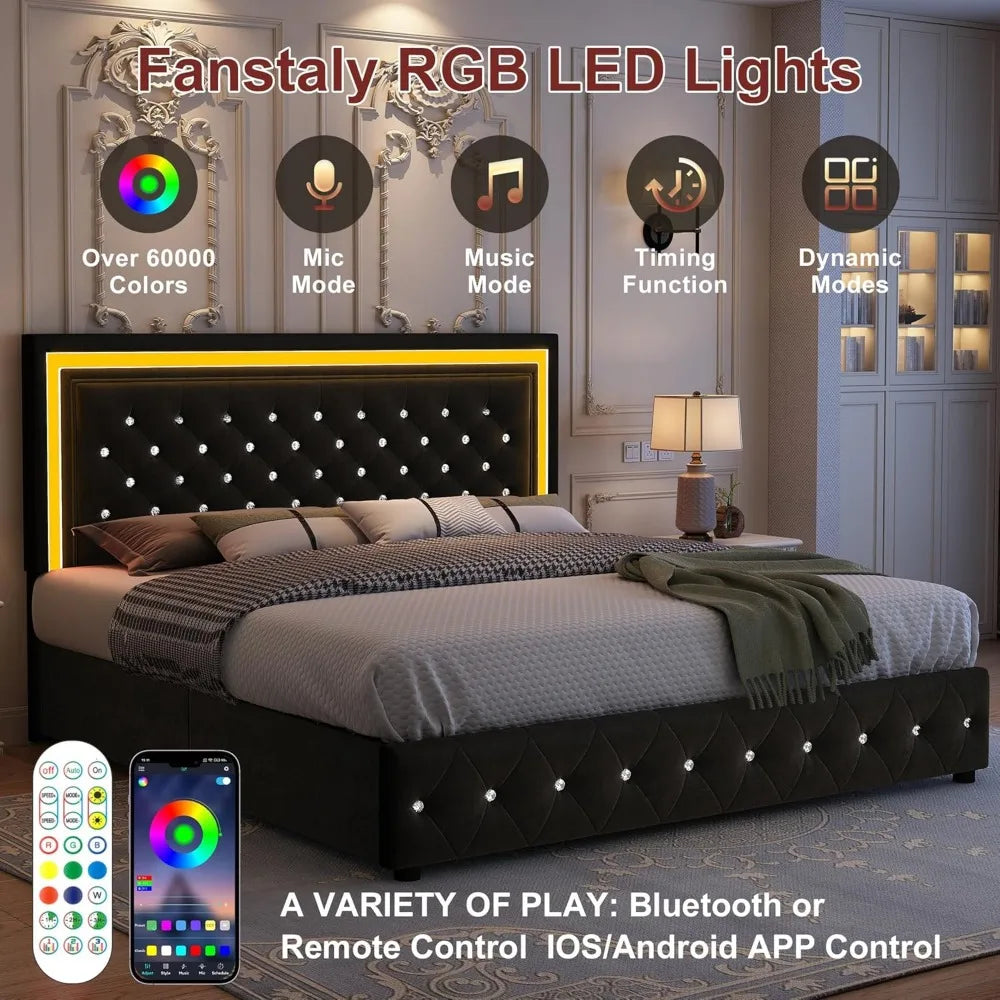 King Bed Frame with LED Lights, Storage Drawers, No Box Spring Needed, 900 lbs Capacity, Easy Assembly, bedroom furniture White