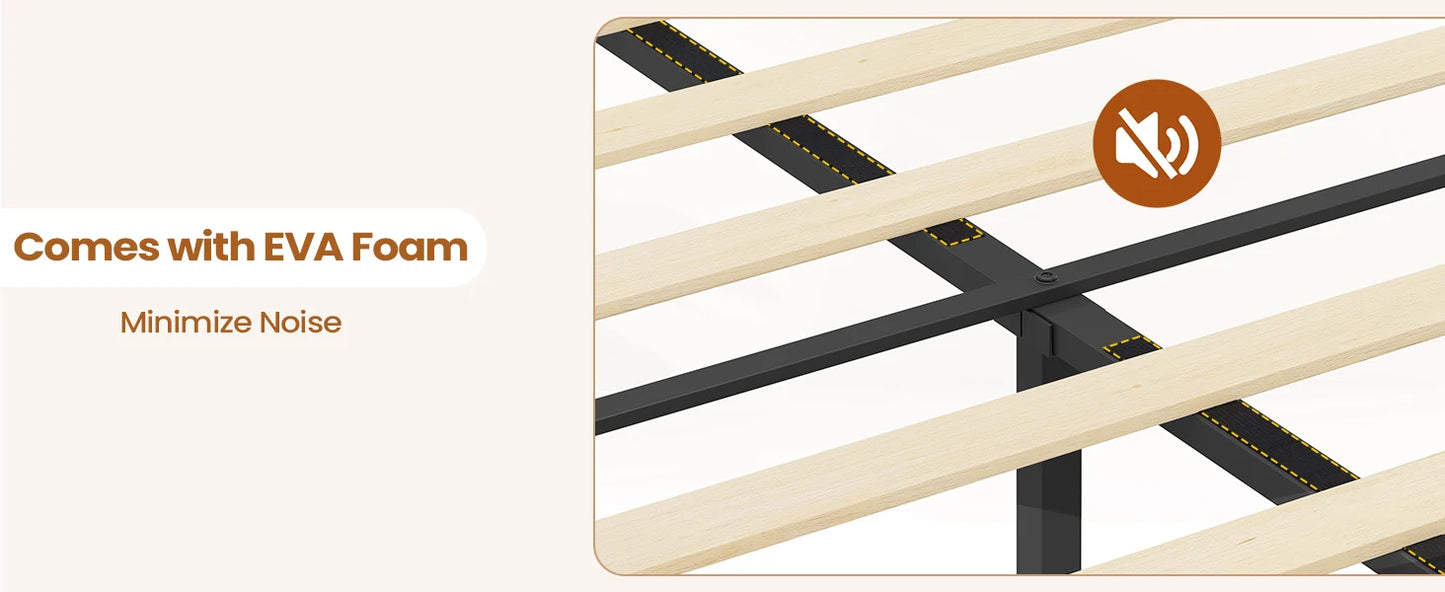 Bed Frame, with Storage Headboard and Power Outlet, Floating Platform Bed with LED Lights, Wood Slats Support, Bedroom Bed
