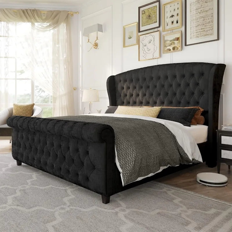 AMERLIFE King Size Platform Bed Frame, Chenille Upholstered Sleigh Bed with Scroll Wingback Headboard & Footboard/Button Tufted