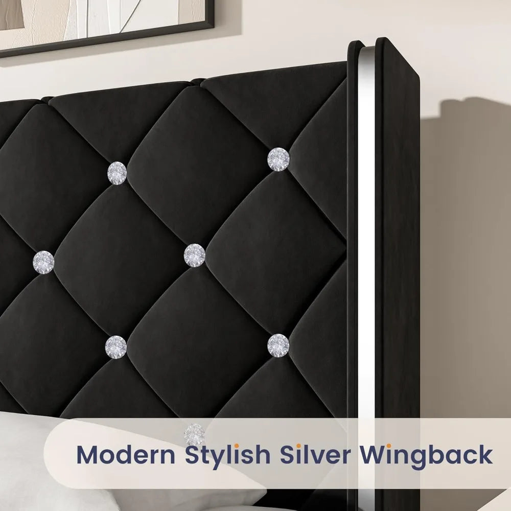 King Size Bed Frame, Velvet Upholstered Platform Bed King Size with Diamond Tufted Headboard and Footboard, Wooden Slats Support