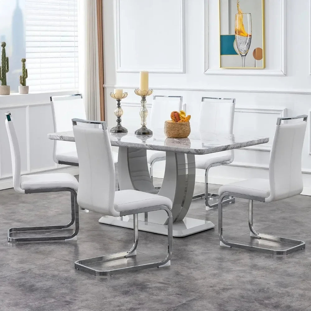 63" 7-Piece Dining Table Set, Faux Marble Table with 6 White PU Leather Dining Chairs, Dining Table and Chairs Set