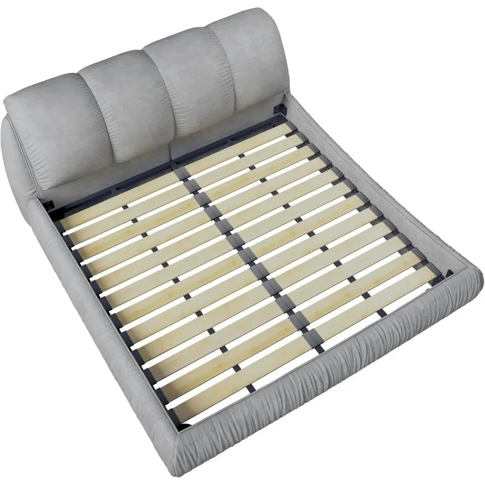 Deluxe king-size upholstered platform bed with upholstered backrest, soft-framed cloud bed, thickened pine slats, metal legs