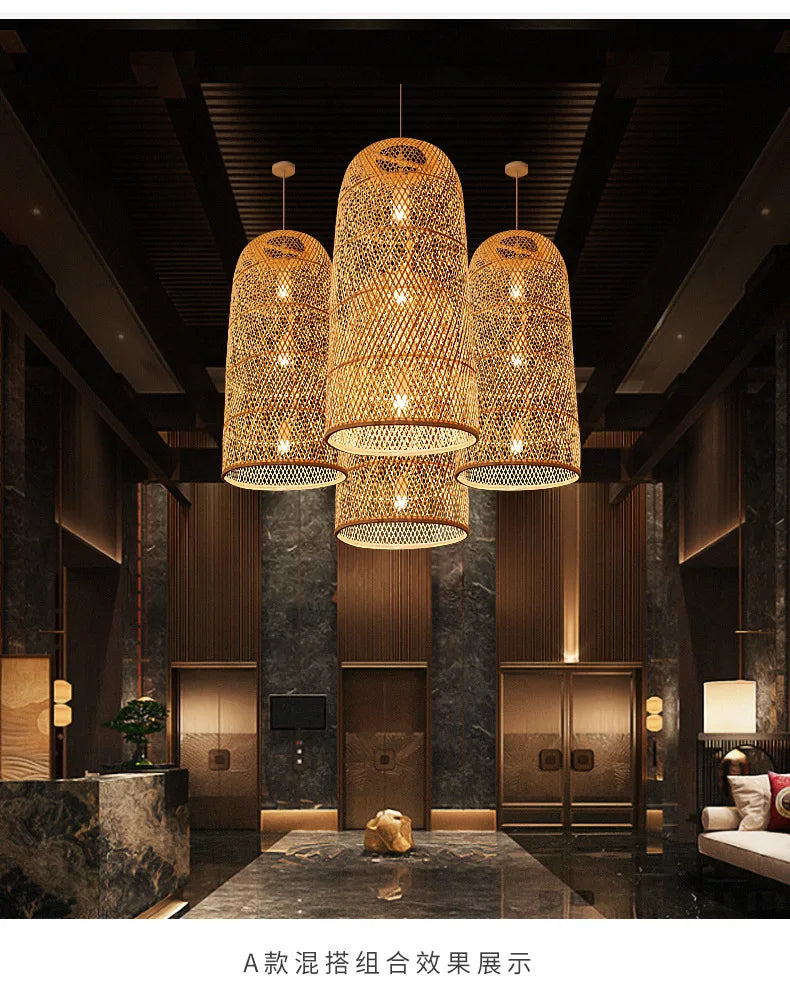 Zen Bamboo Chandelier New Chinese Lantern Hotel Chinese Style Restaurant Restaurant Bamboo Artwork Duplex Staircase Long Chandel