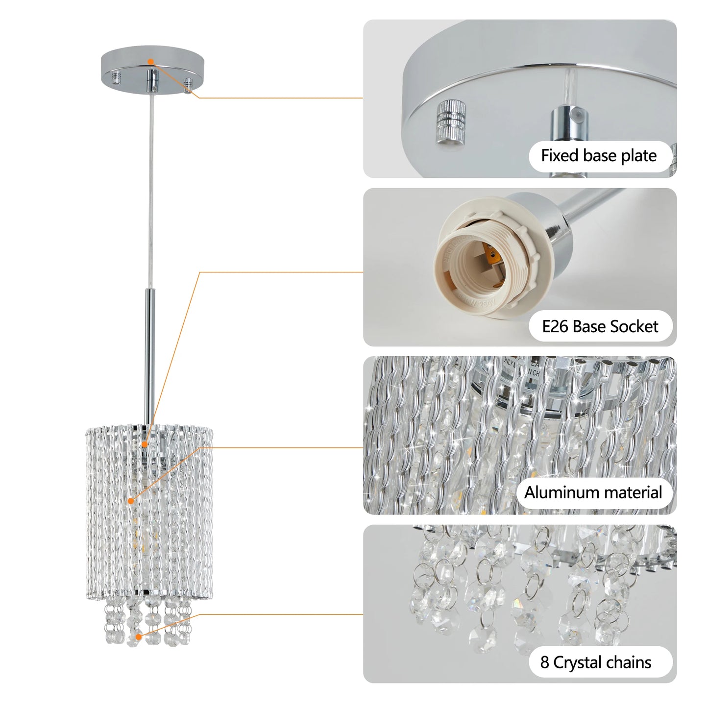 Modern Crystal Pendant Light 3-Pack Adjustable Chrome Hanging Ceiling Fixture with Clear Beads, Elegant Design (No Bulbs)