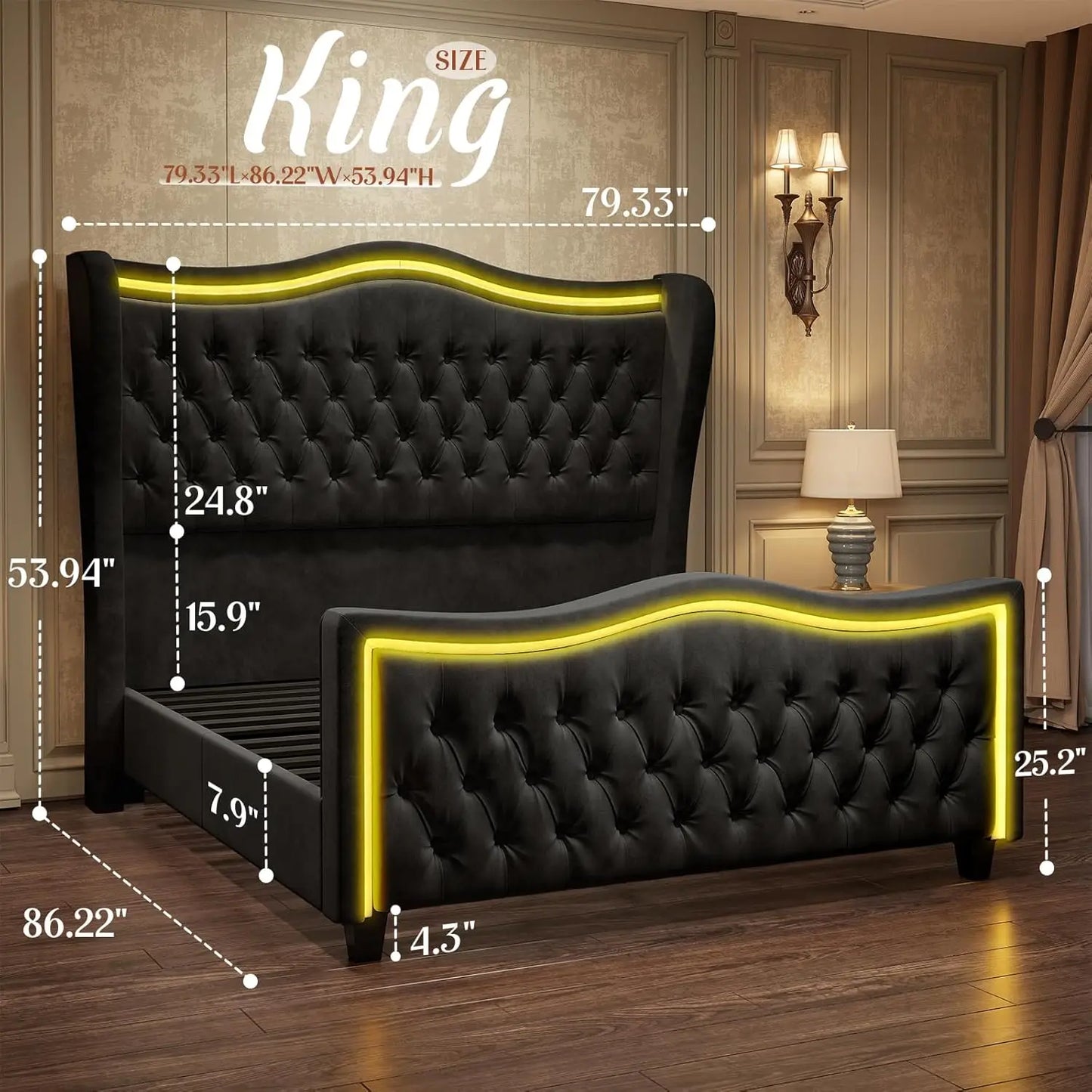 King Size Bed Frame with LED Lights, 53'' Upholstered Platform Wingback Bed with Handmade Deep Button Tufted Headboard Footboard