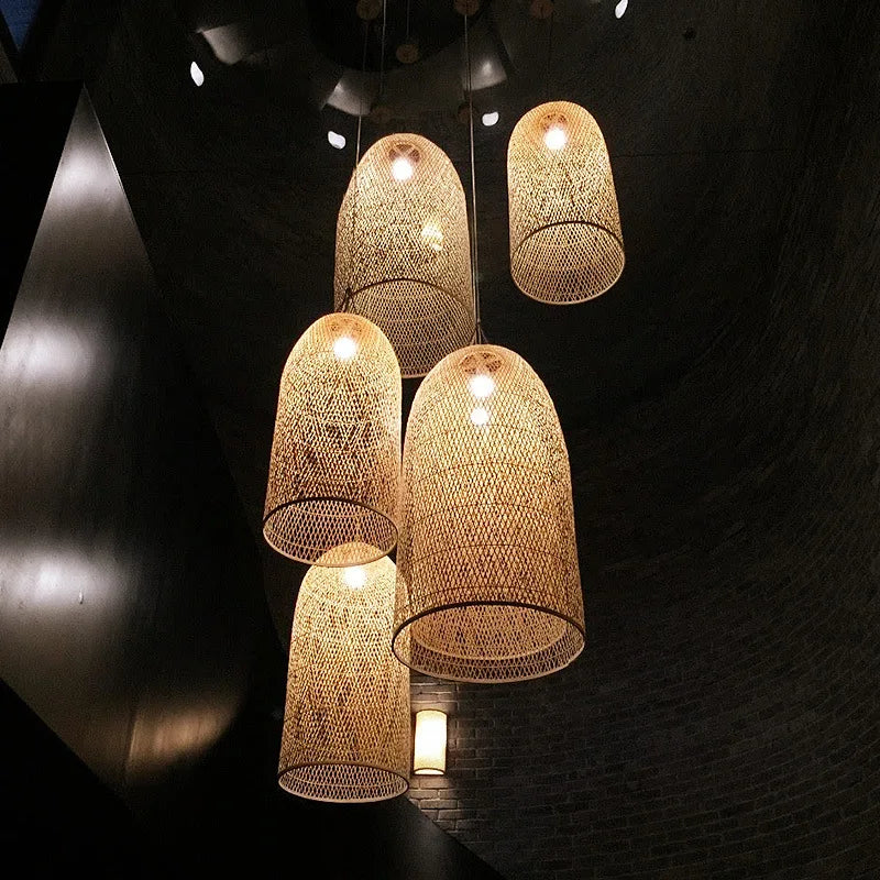 Zen Bamboo Chandelier New Chinese Lantern Hotel Chinese Style Restaurant Restaurant Bamboo Artwork Duplex Staircase Long Chandel
