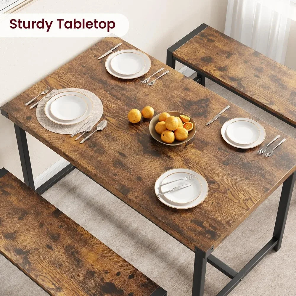 Dining Table Set for 4, Kitchen Table with Benches, Rectangular Dining Room Table Set with 2 Metal Wood Benches, 3 Piece Dining