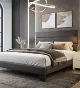 King Bed Frame Platform Bed,Linen Fabric Upholstered Headboard and Wooden Slats Support,Heavy Duty Mattress Foundation,Beige