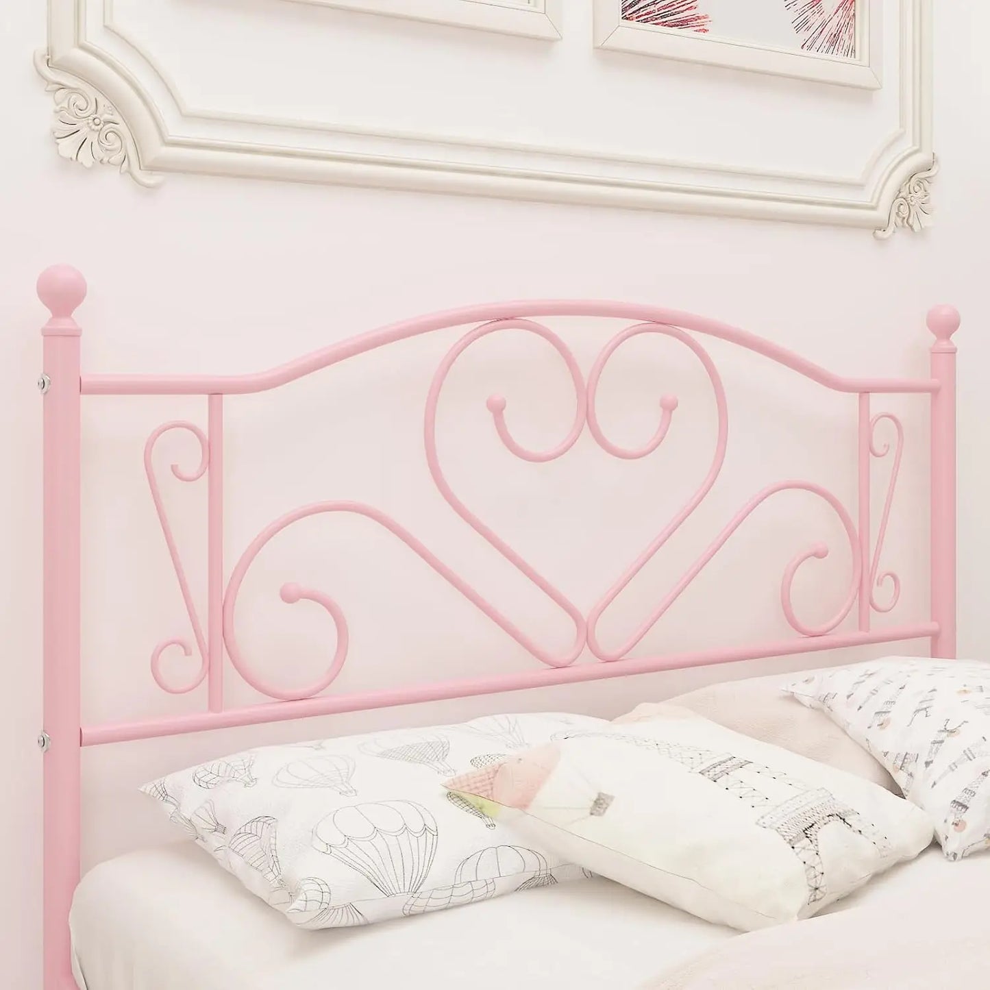 Full Size Bed Frame with Headboard, Heavy Duty Steel Slat Support Platform Under Bed Storage Space No Box Spring Needed, White