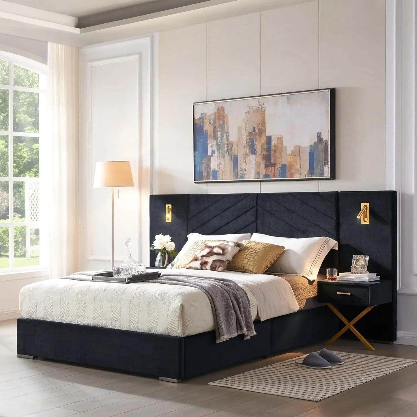Luxury King Bed Frame with Built-in Gold LED Lights and Nightstands, King Size Platform Bed with Oversize Upholstered Headboard