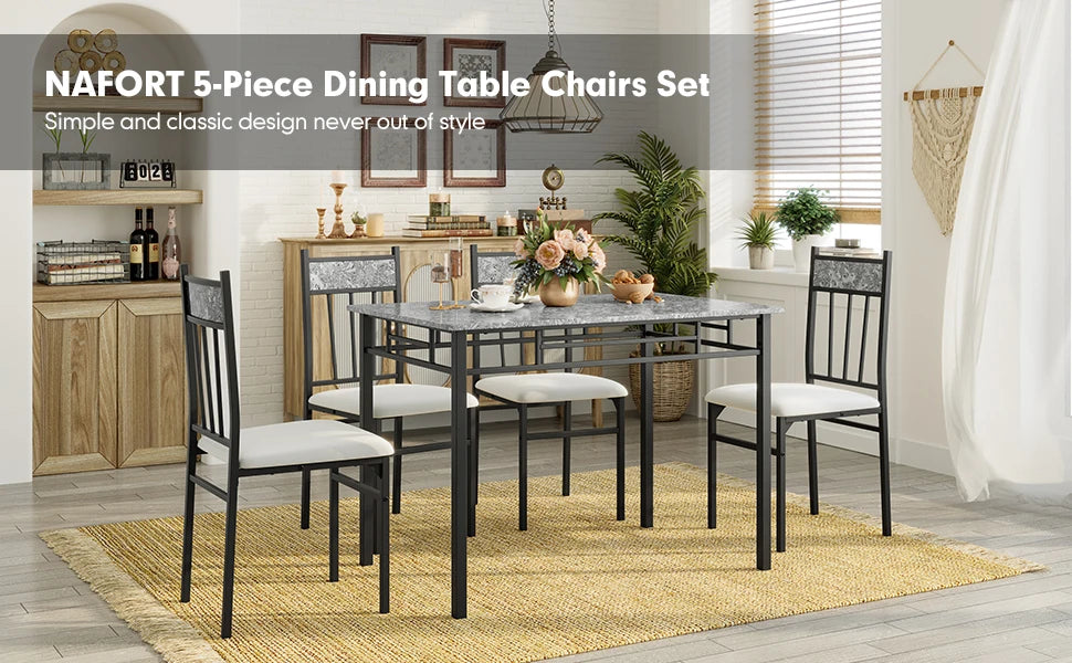 5-piece 4-person Dining Table Set, Imitation Marble Kitchen Table and Chairs 4-piece Set, Metal and Wooden Dining Table Set