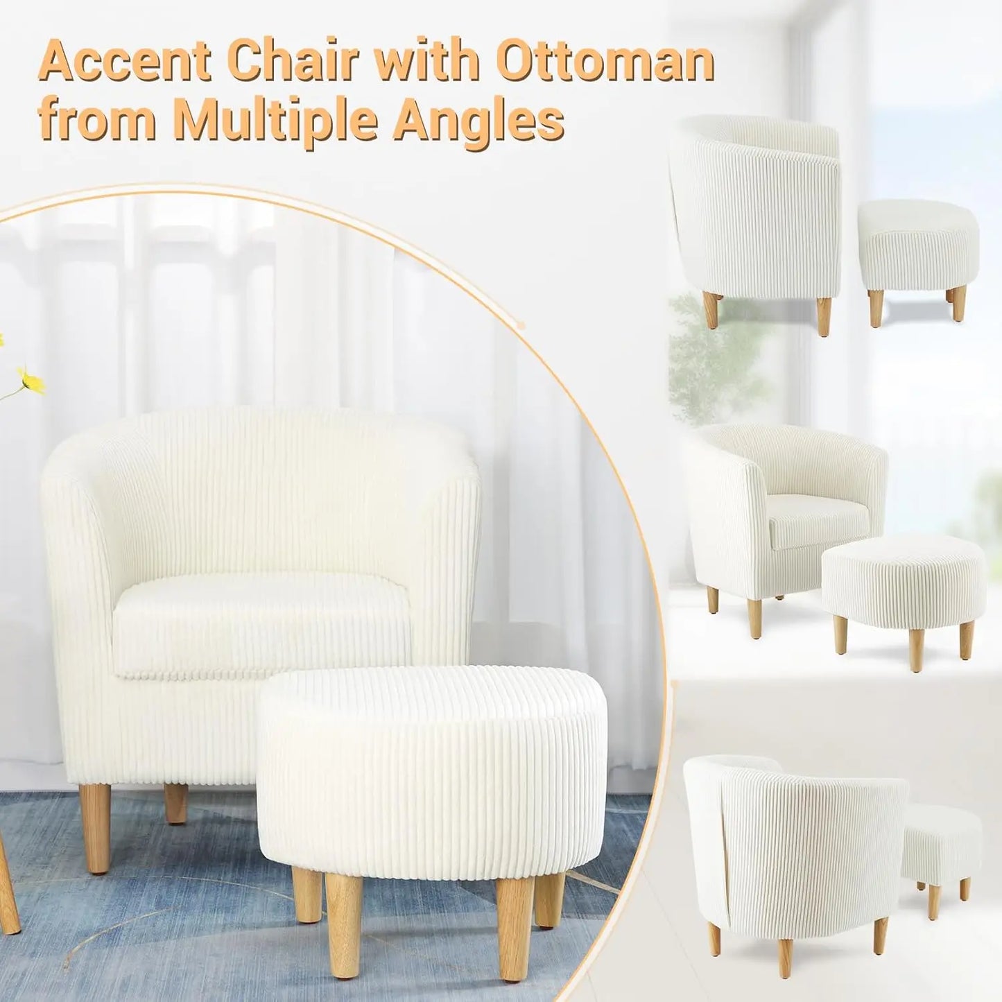 Accent Chair, Sherpa Chair White Fluffy Chair Teddy Barrel Chair with Ottoman Comfy ArmChair Footrest Set