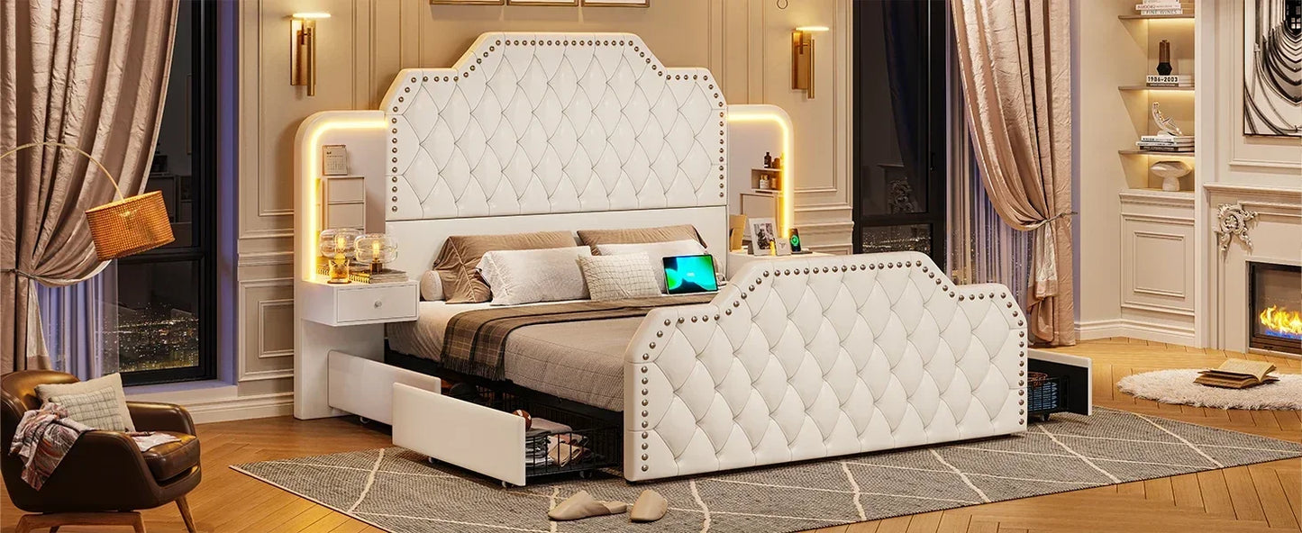 Queen Size 53” Tall Platform Bed Frame With 4 Storage Drawers Built in Charging Station & LED Bedroom Black Headboards Under Bed
