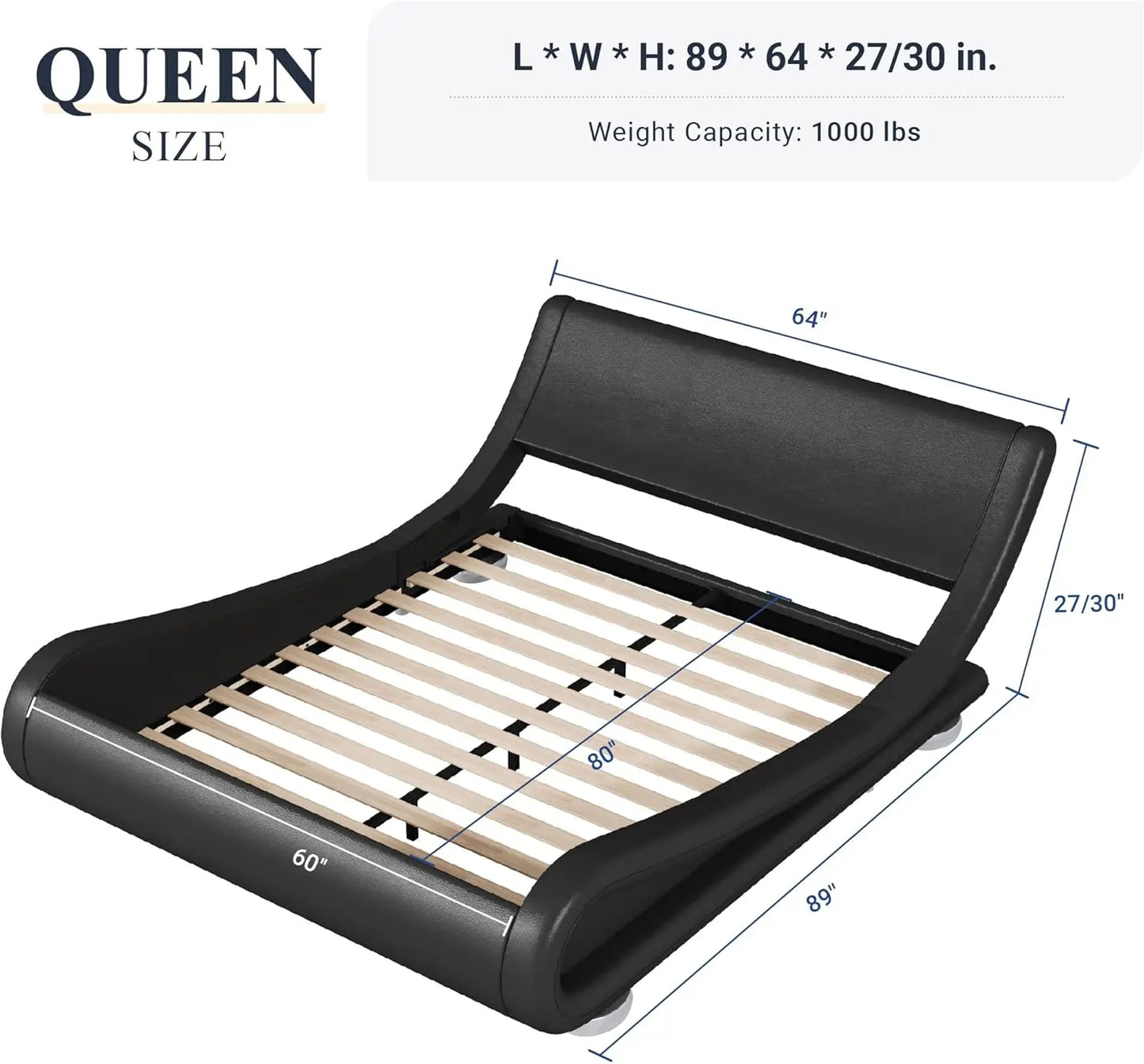 Upholstered Platform Bed Frame with Ergonomic & Adjustable Headboard, Modern Low Profile Sleigh Design