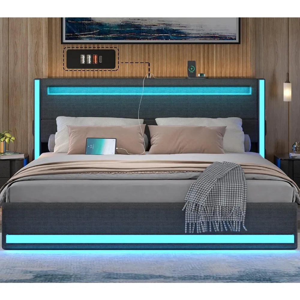 King Bed Frame with Headboard and LED Lights, Upholstered Platform Bed with USB Charging Station, Metal Support and Footboard.