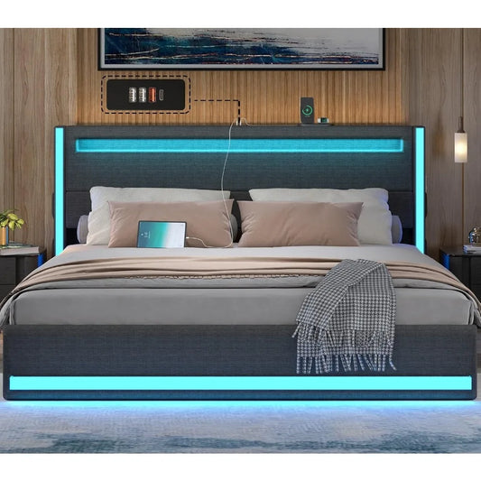 King Bed Frame with Headboard and LED Lights, Upholstered Platform Bed with USB Charging Station, Metal Support and Footboard.