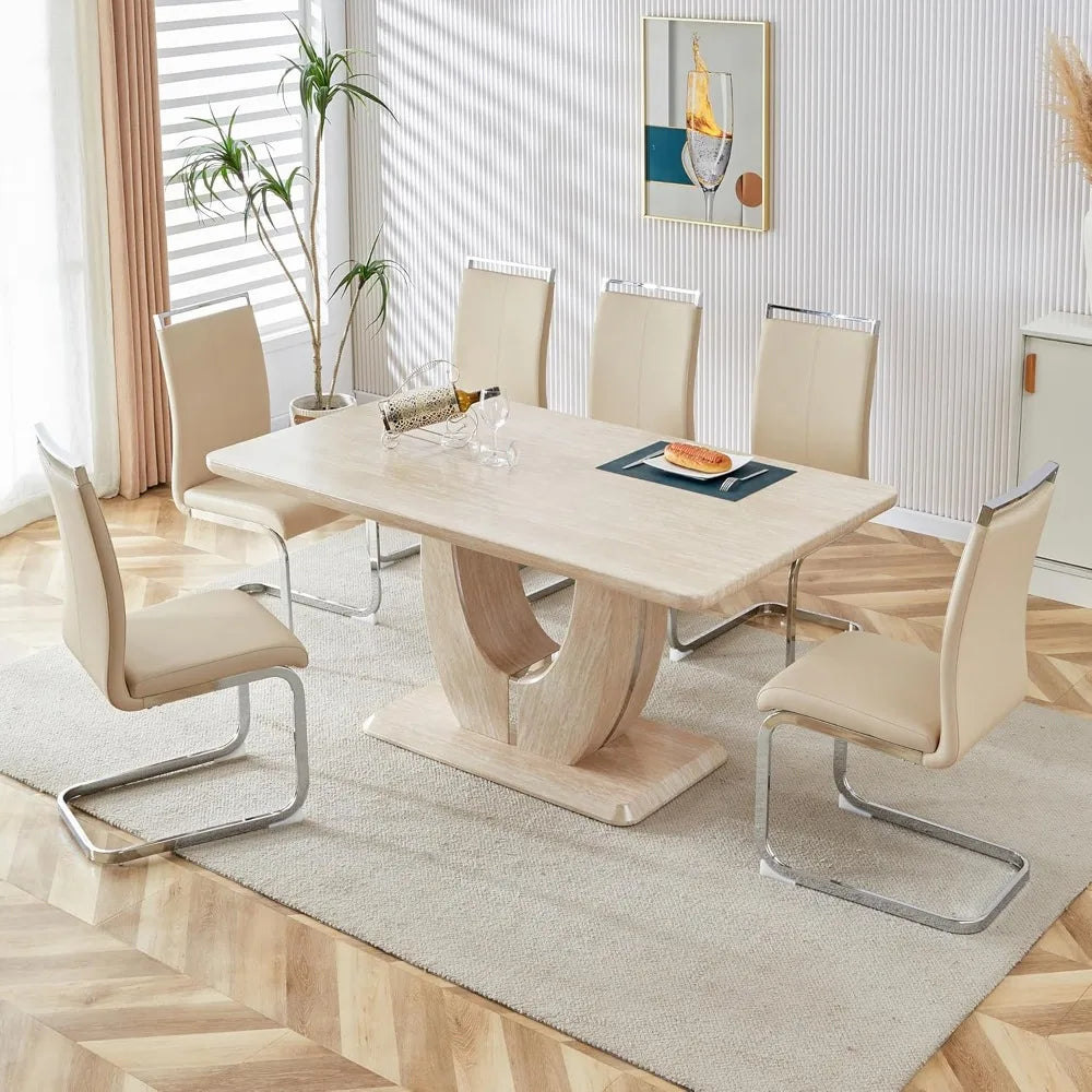 Modern wooden dining table set for 6 people with imitation marble top & 6 PU leather upholstered chairs,Wood grain beige