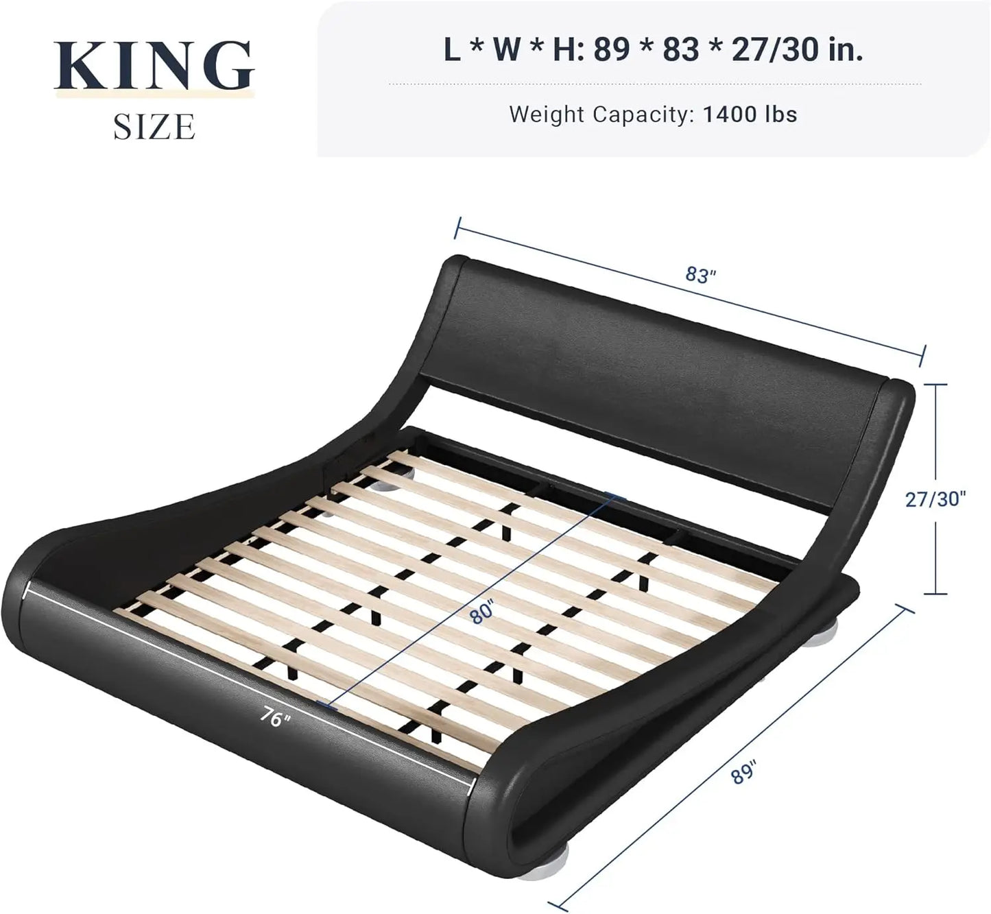 Upholstered Platform Bed Frame with Ergonomic & Adjustable Headboard, Modern Low Profile Sleigh Design