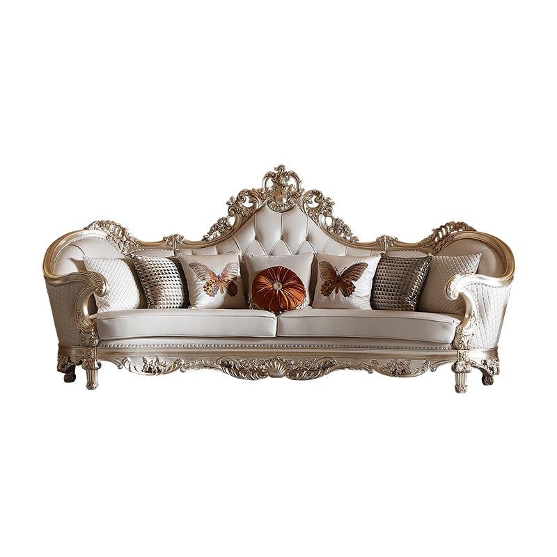 Leather Living Room Sofas Luxury European Beige Wooden Curved Modern Couch Double Lounge Designer Canape Salon Furniture