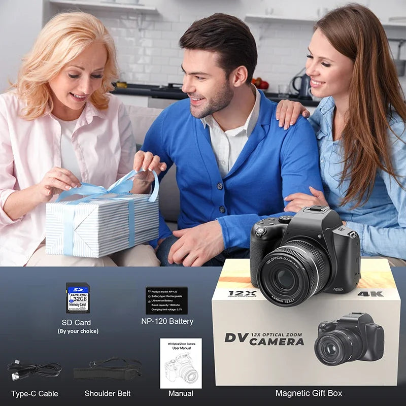72MP Digital Camera 180° Flip Screen 3 lnch SLR DSLR 4K Camera for Photography 12X Optical Zoom Autofocus Anti-Shake Camera