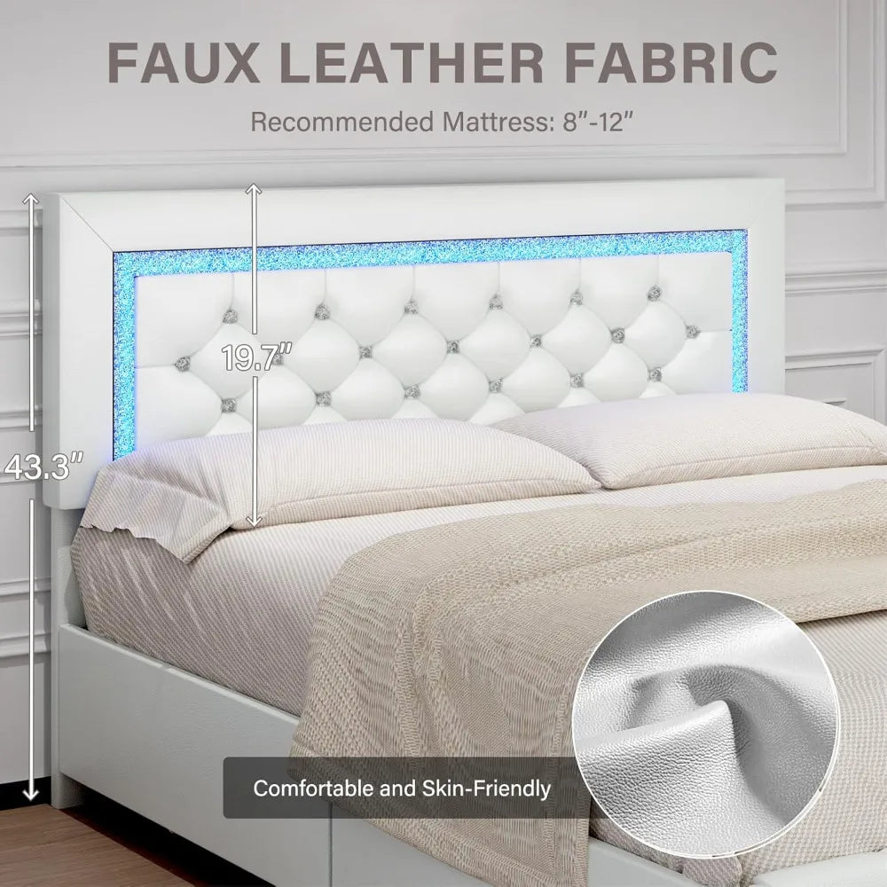 Queen Size Bed Frame with LED Lights, Upholstered Bed Frame with 4 Storage Drawers, with Diamond Headboard and Footboard