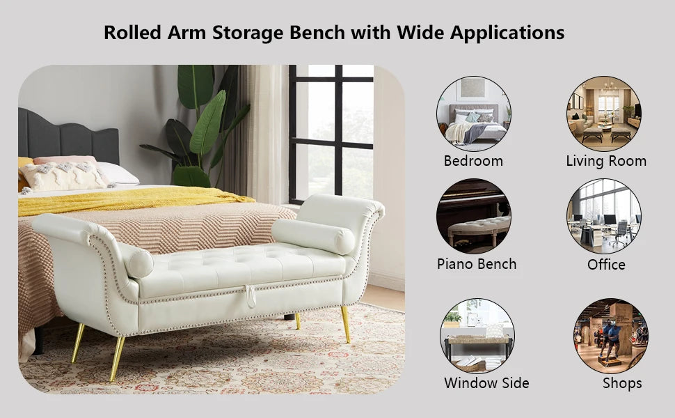 PU Leather Storage Benches End of Bed Vintage Flared Rolled Armed Bedroom Ottoman Bench Button Tufted Entryway Window