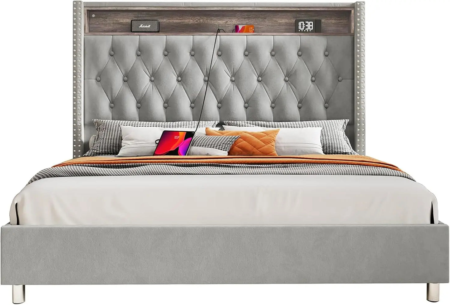 King Bed Frame with Headboard LED Lights and Charging Station, Velvet Tall Upholstered Platform Bed Storage No Box Spring Needed