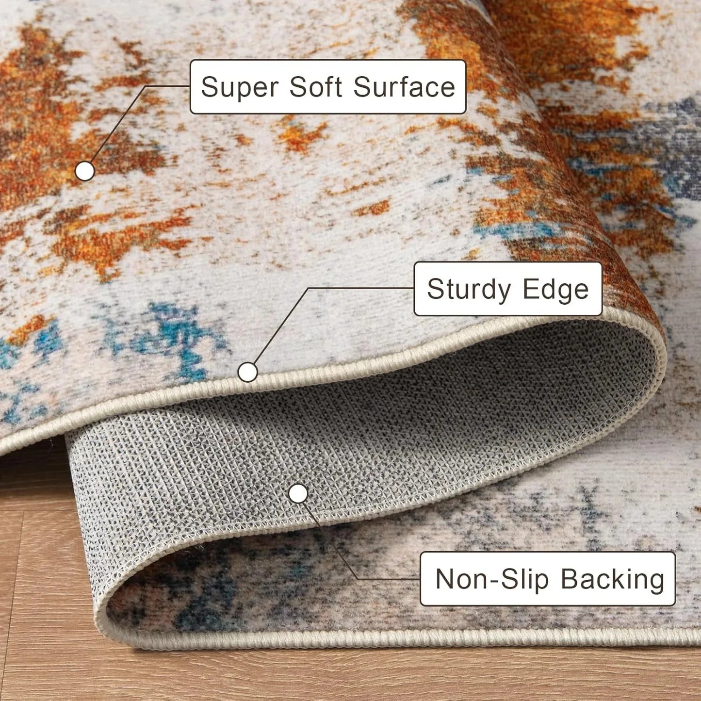 Area Rugs for Living Room, Machine Washable Vintage Rug, Non-Slip Low Pile Throw Rugs with Rubber Backing Washable Carpet