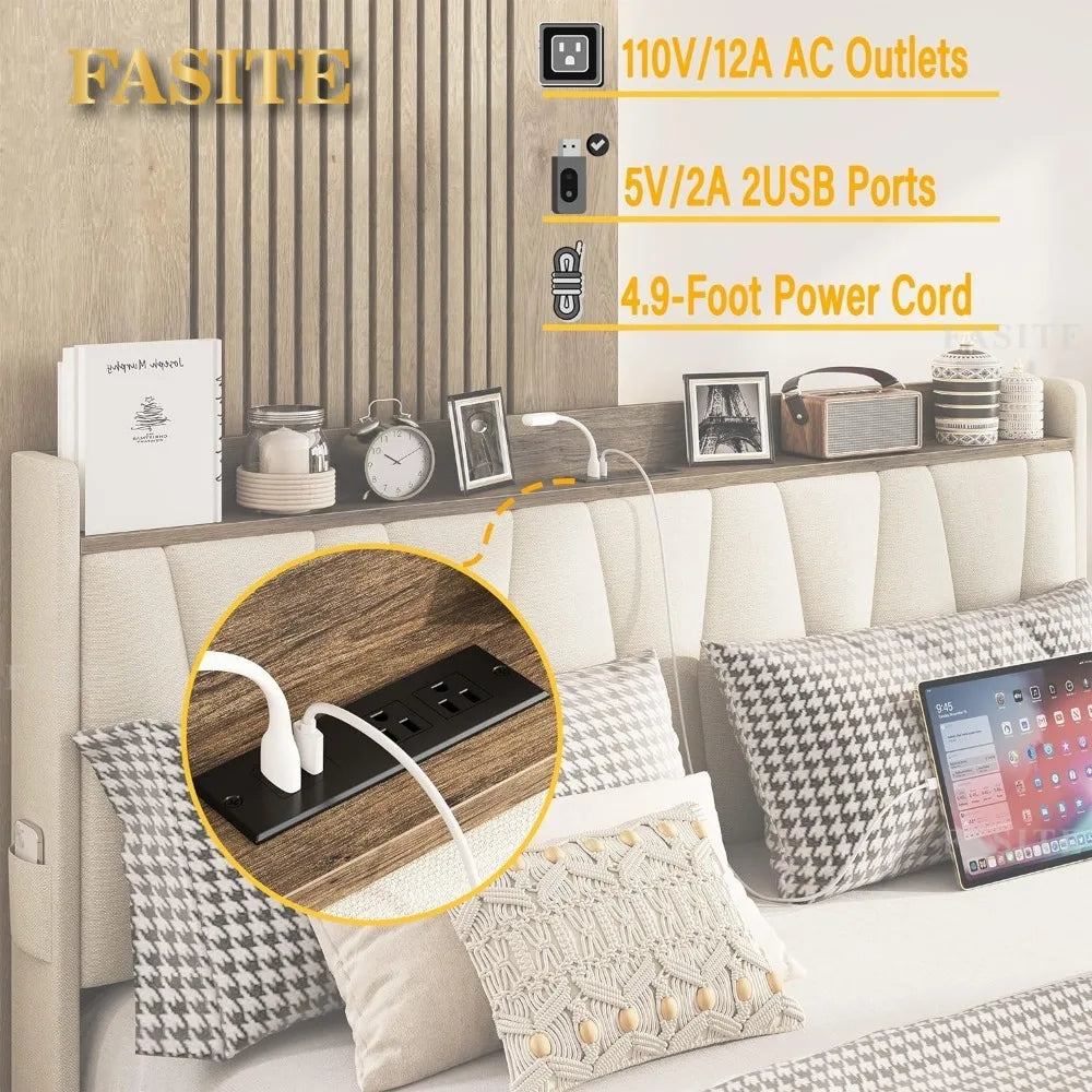 Queen Size Bed Frame with 3 Drawers, Upholstered Platform Beds with Storage Headboard and Charging Station