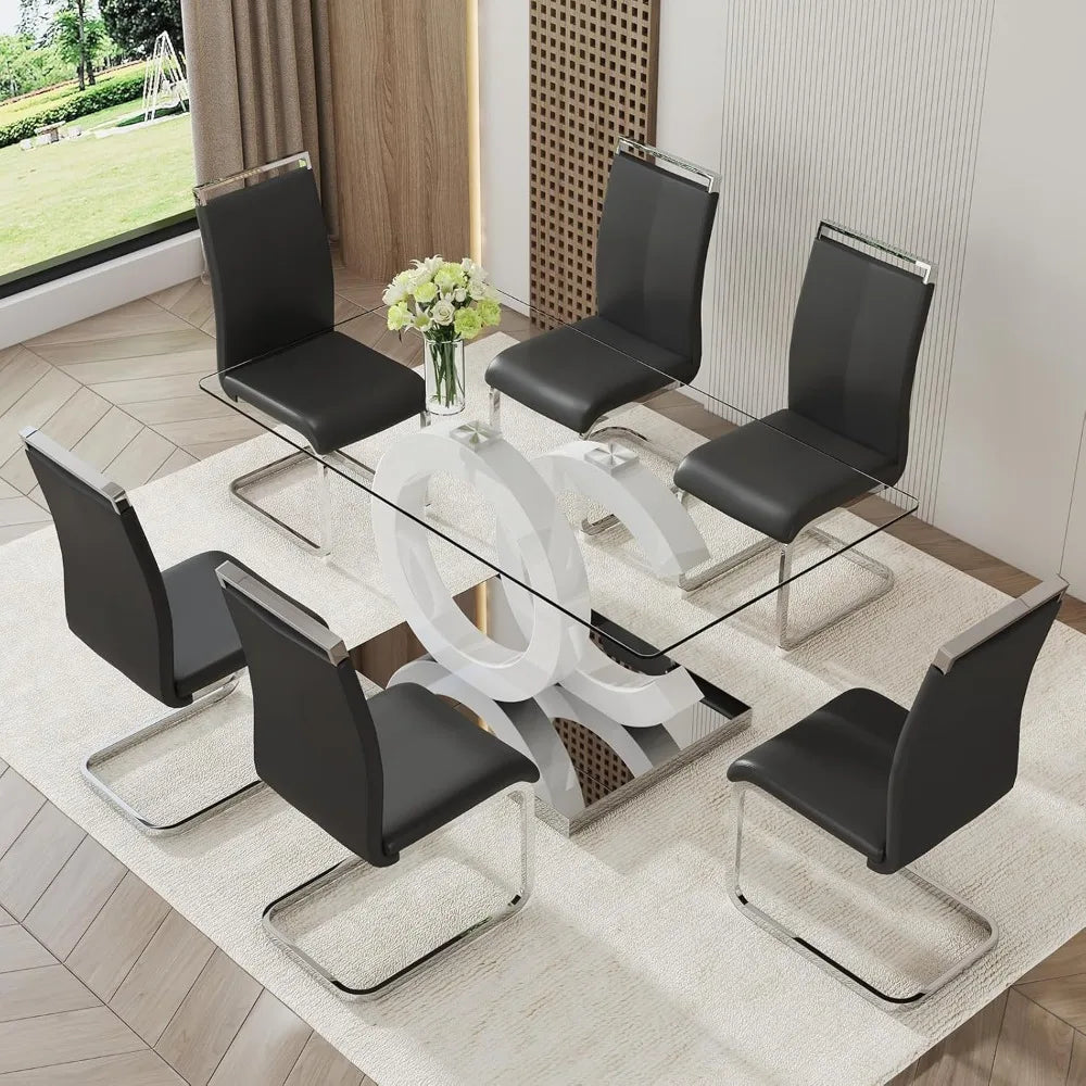 Glass Dining Table Set for 6 ,7 Piece Dining Table Set,Tempered Glass Table Top,PU Leather Ergonomic Dining Chairs Easy Assembly