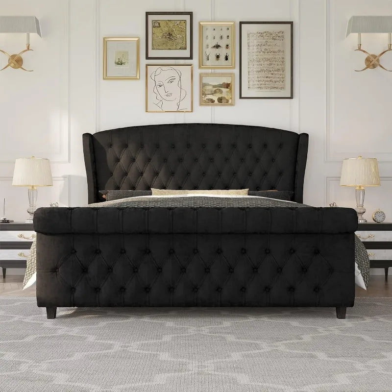 AMERLIFE King Size Platform Bed Frame, Chenille Upholstered Sleigh Bed with Scroll Wingback Headboard & Footboard/Button Tufted