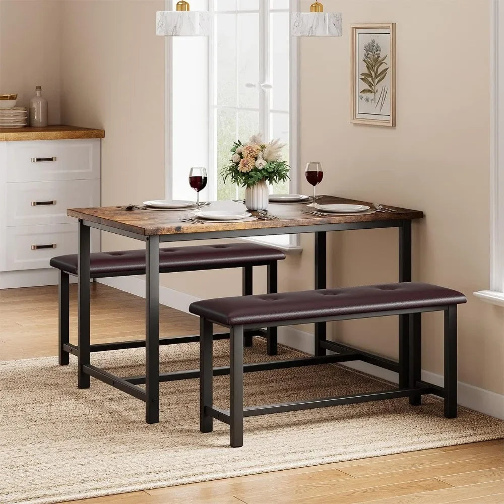 Dining Table Set for 4, Kitchen Table with Benches, Rectangular Dining Room Table Set with 2 Metal Wood Benches, 3 Piece Dining