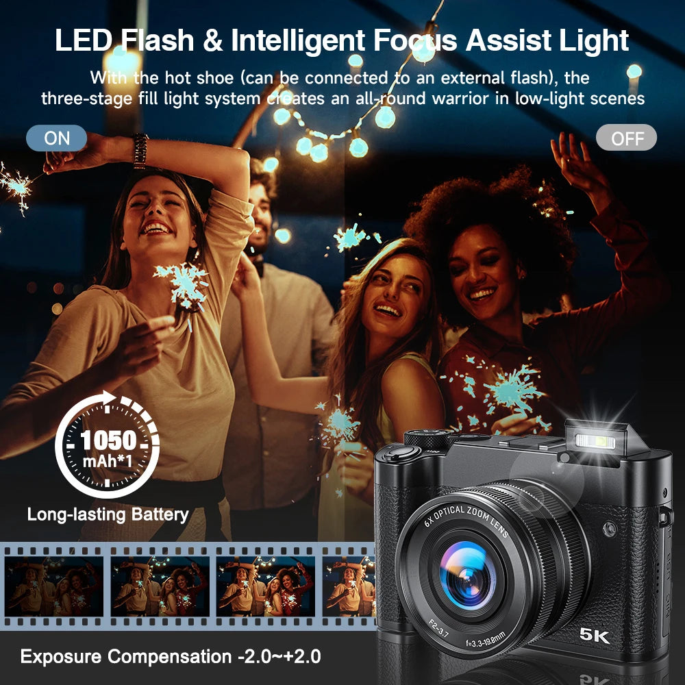 Digital Camera, 6X Optical Zoom & WiFi, 5K 30FPS 64MP Vlogging Camera, Rear & Front Cameras for Photography and Video, 64GB Card