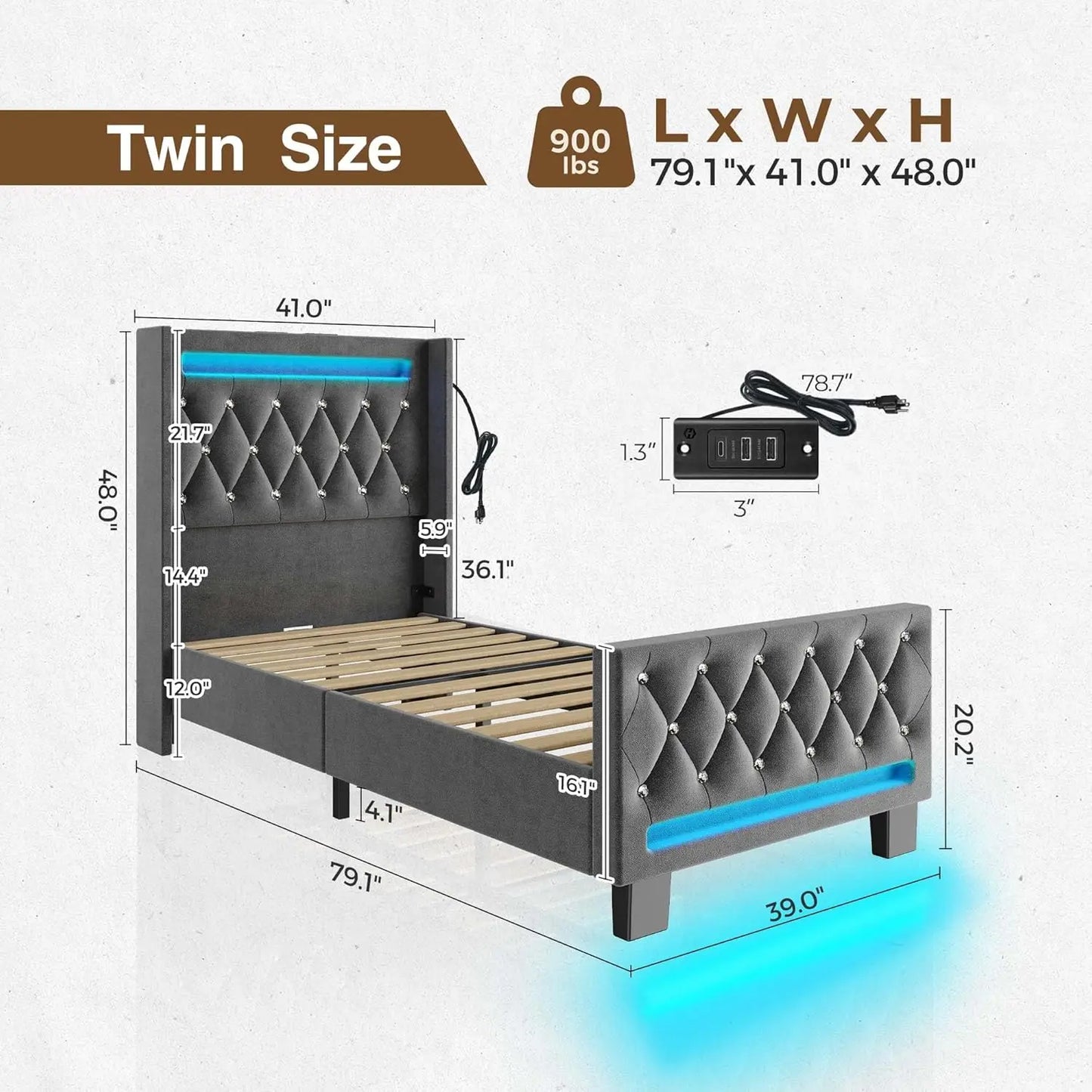 Twin Bed Frame with LED Light and Charging Station, Upholstered High Headboard and Footboard, Wood Slats, Noise Free, Easy Assem