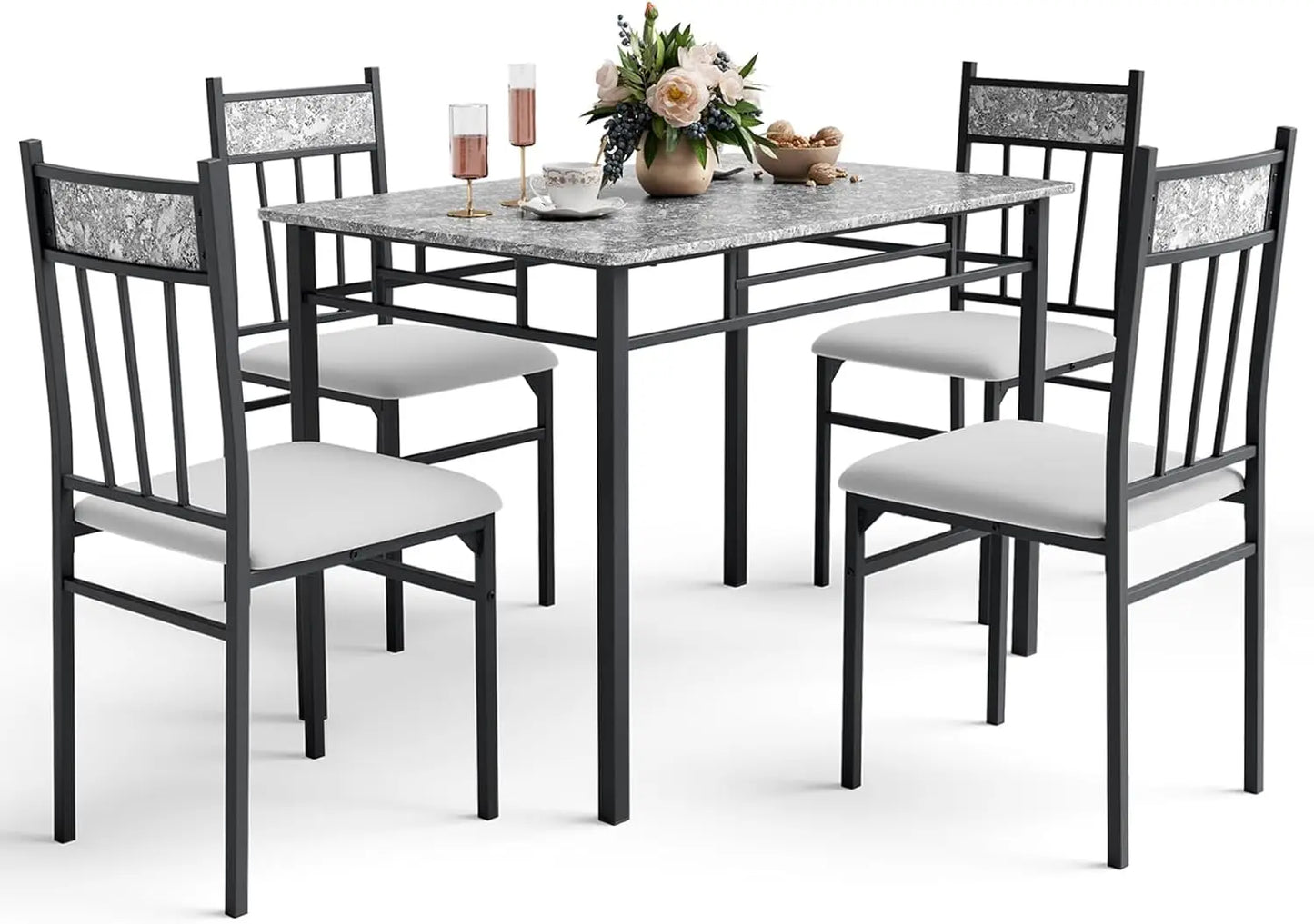 5-piece 4-person Dining Table Set, Imitation Marble Kitchen Table and Chairs 4-piece Set, Metal and Wooden Dining Table Set